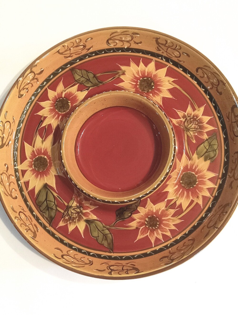 Sunflower by Pier 1 CHIP & DIP 11 7/8" Handpainted Terracotta Autumn Fall